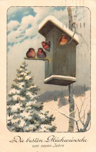 Neujahrsgrüße 1926 Schneebedeckte Baumvögel im Hausnest Postkarte