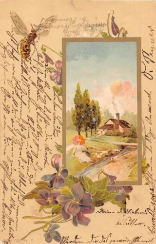Passepartout Landschaft Stiefmütterchen Blumen Bienenpaar ruht auf Gras 1903 Postkarte