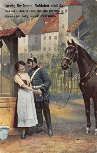 Romantik 1915 Paar flirtet bei Brunnen Soldat Pferd 1. Weltkrieg Feldpostkarte