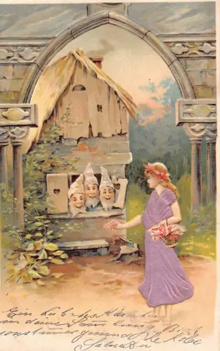 L224 Grüße 1903 Zwerge im Tiny House Mädchen Seidenkleid Fantas Vintage Postkarte