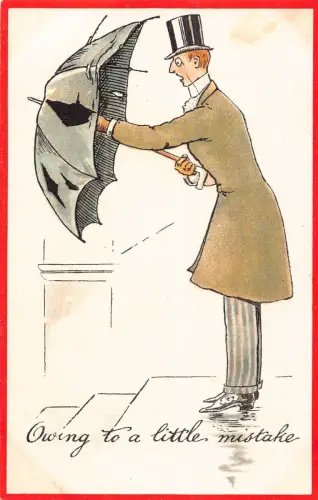 L028 Mann mit Regenschirm Humor britische Vintage Postkarte