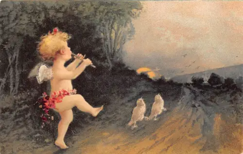 L224 Gruß 1906 Cherub spielt Flöte Vögel Vintage Postkarte