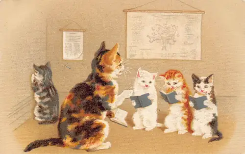 L224 Grüße Humanisierte Katzen Klassenzimmer Vintage Postkarte