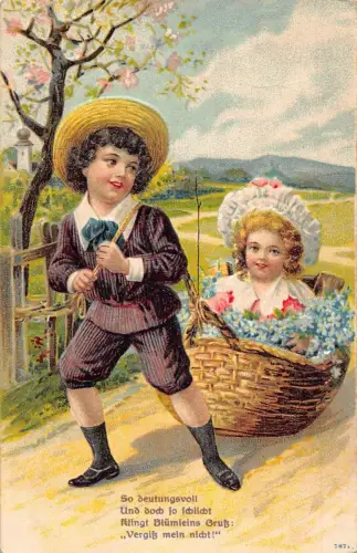 L224 Grüße 1909 Kinder Frühling Blumen geprägt Vintage Postkarte