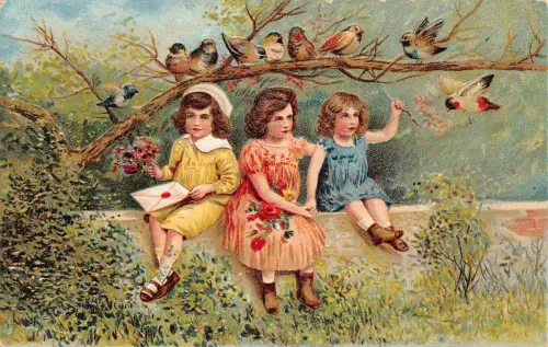 L224 Grüße 1909 Mädchen Singvögel geprägt Vintage Postkarte