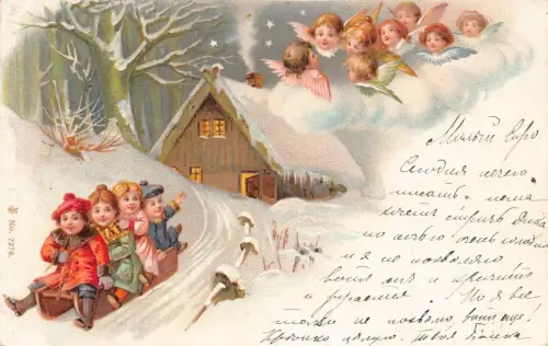 L224 Grüße 1900 Kinder Schlitten Engel Cherubs Vintage Postkarte