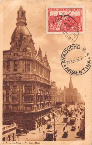 L353 Argentinien 1932 Buenos Aires Entre Rios Straße Straßenbahnen Autos Geschäfte Postkarte