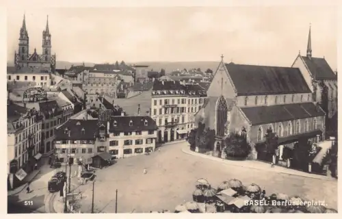L100 Schweiz Basel Barfuesserplatz Platz Kirche Vintage Postkarte