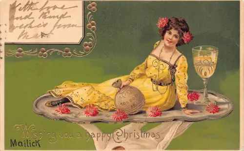 G008 Weihnachten 1904 Sack Geld Glück Champagner Jugendstil Vintage Postkarte