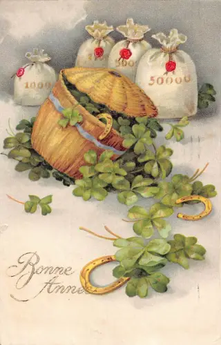 G008 Belgien Neujahrsgrüße 1935 Kleeblatt Hufeisen Geldtüten Glückspostkarte