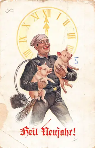 G008 Österreich Neujahr Schornsteinfeger Ferkel Uhr Geld Glück Postkarte