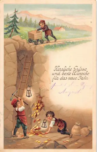 G008 Neujahrsgrüße 1914 Kinder Bergbau Gold Geldtüten Glück Prägung Postkarte