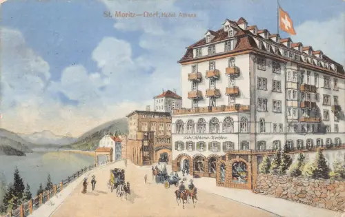 A098 Schweiz 1911 St Moritz Dorf Hotel Albana Kutschen Flagge Postkarte