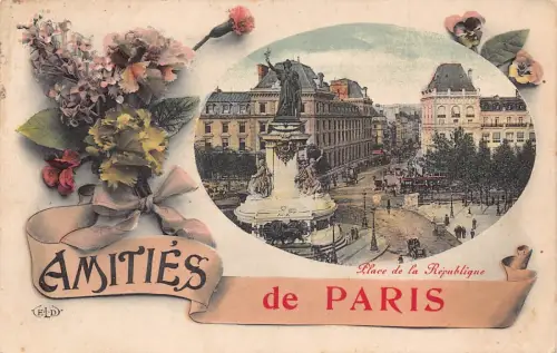 A097 Frankreich 1909 Amities de Paris Blumen Place de Republique Vintage Postkarte