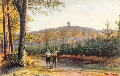 A096 Gemälde 1912 Touristen Aussichtsturm vom Herzberger Waldturm Postkarte