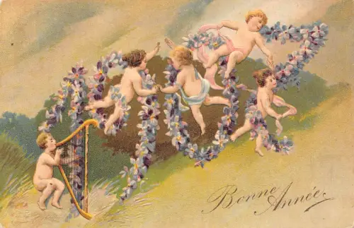 L371 Neujahrsgrüße 1907 Blumen große Zahlen Amor Putten geprägt Postkarte