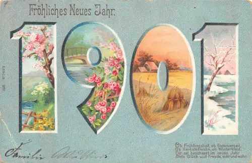L370 Neujahrsgrüße 1901 große Zahlen 4 Jahreszeiten Vintage Postkarte