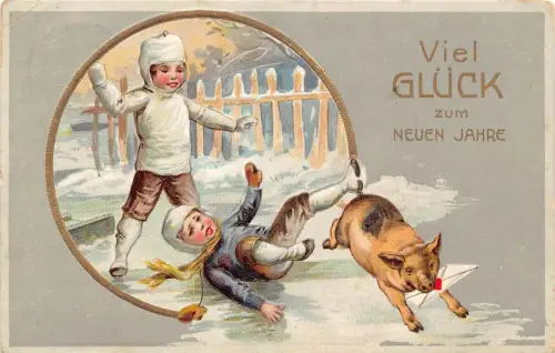 L370 Neujahrsgrüße 1910 Kinder Schwein Eisbrief Glück Vintage Postkarte