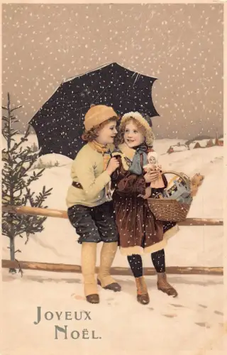 L365 Weihnachtsgrüße Kinder Regenschirm Spielzeug Schnee Vintage Postkarte