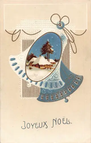 L365 Weihnachtsgrüße Glocken verschneites Dorf geprägt Vintage Postkarte