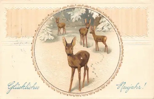 L371 Neujahrsgrüße 1914 Hirsch verschneite Landschaft geprägt Vintage Postkarte