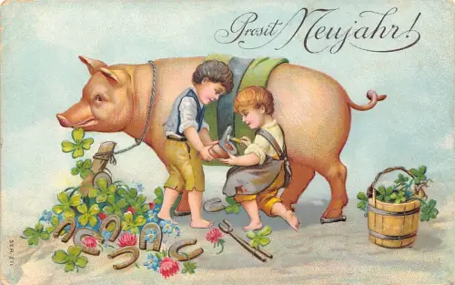 L371 Neujahrsgrüße 1908 Schweinejungen beschlagen Kleeblatt Glück geprägte Postkarte