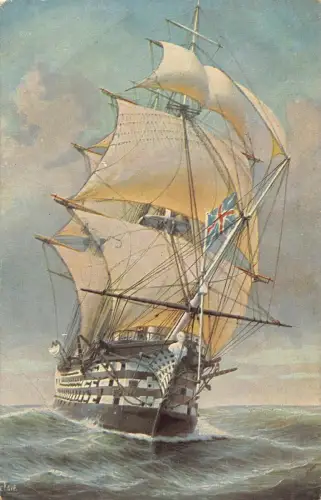 L369 Schiff Engl Dreidecker Victory Flaggschiff Trafalgar signiert Chr Rave Postkarte