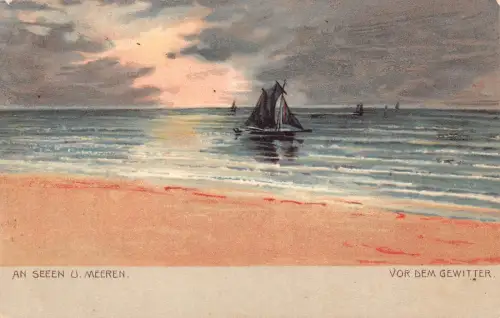 Meereslandschaft bei Sonnenuntergang Segelboote An Seen u Meeren Beach Vintage Postkarte