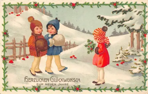 L370 Neujahrsgrüße 1931 spielende Kinder Vintage Postkarte