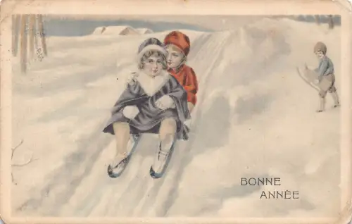 L370 Neujahrsgrüße 1912 Kinder Schlitten Schnee Vintage Postkarte