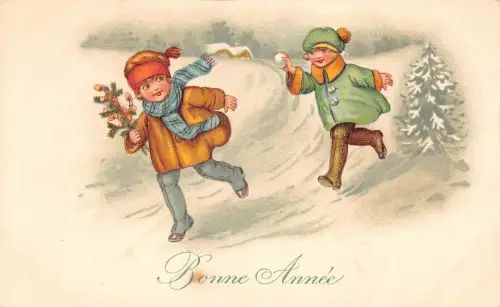 L370 Neujahrsgrüße Kinder spielen im Schnee Vintage Postkarte