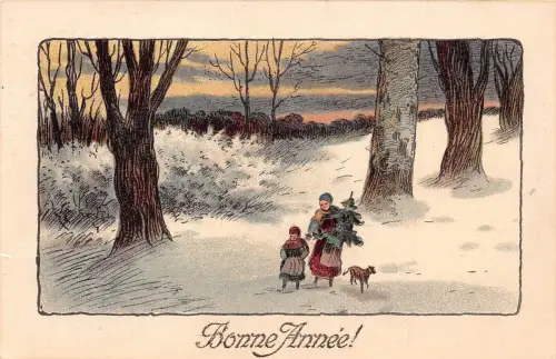 Frohes Neues Jahr 1918 Mutter und Tochter pflegen Kiefer Hund Wald Kunst Postkarte