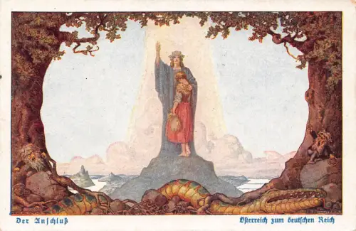 Propaganda Drittes Reich - Göttin nimmt Österreich - Kind Tote Schlange Zwerge Postkarte