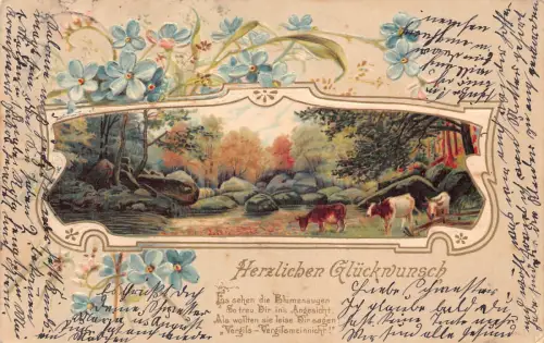 Passepartout 1901 Viel Glück Vergissmeinnicht Kühe im Wald Prägepostkarte