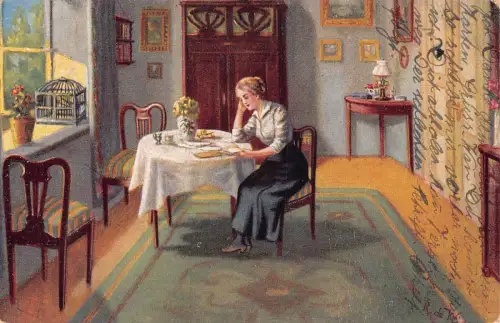 Kunst 1919 Frau liest Buchstaben am Tisch in leuchtender Stubenpostkarte