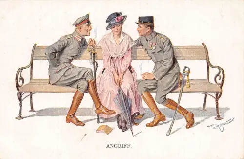 Zwei Soldaten flirten mit eleganter Frau auf Bank Buchschwerter von Zasche Postkarte