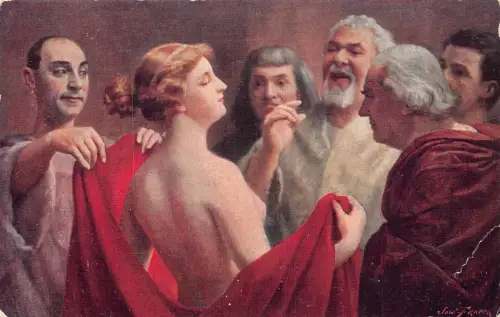 Art Fryne von J Frappa Gruppe von Männern, die sich Frau ausziehen Vintage Postkarte