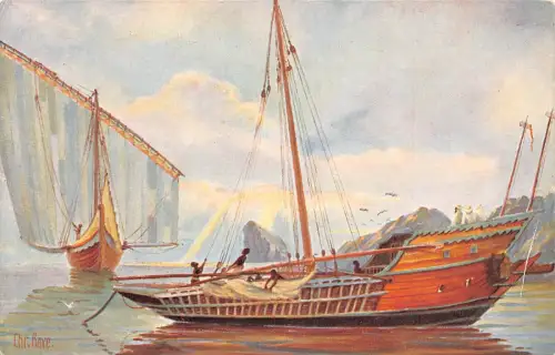 Schiff hebt die Segel Meer im 19. Jahrhundert Kunst signiert Chr haben Vintage Postkarte