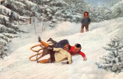 Wintersport 1907 Kinder fallen vom Schlitten Schnee Kunst Vintage Postkarte