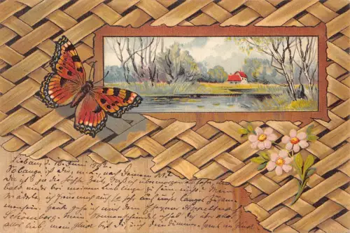 Postkarte Passepartout Landschaft Flusshütte 1902 orange Schmetterling Blumen