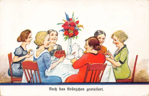 Gezeichnete Frauen klatschen und Teerosen haben Vase Vintage Postkarte