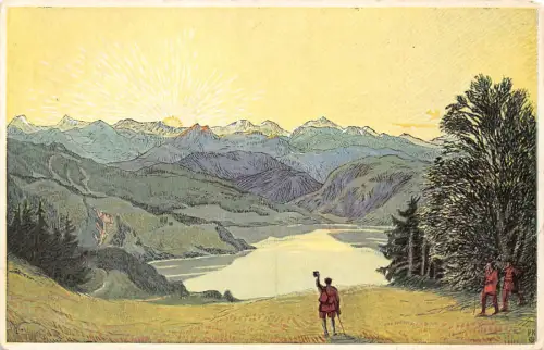 Kunst gezeichnete Landschaft am Sonnenaufgang See Berge Bergsteiger Vintage Postkarte