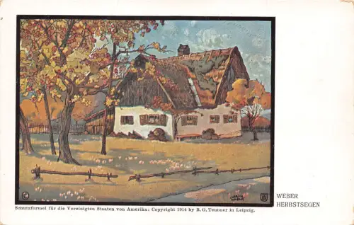 Kunstgezeichnetes Reetdach Haus und Obstbaum Klarer Himmel Tag W Herbstegen Postkarte