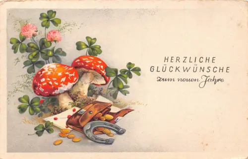 Neujahrsgrüße 1939 Kleeblätter Pilz Geldbörse Hufeisen Postkarte