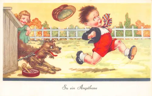 Comic Humor Hund bellender Junge verliert Hut Mädchen lachend Vintage Postkarte