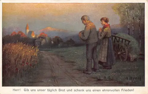 Bauernpaar betet am Straßenrand Heuwagen Kunst Vintage Postkarte