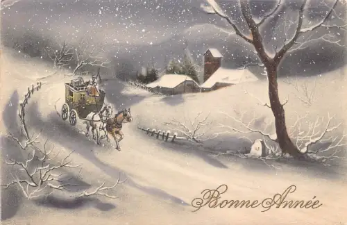 Neujahrsgrüße 1919 Postkutsche fährt durch Schneesturm Postkarte