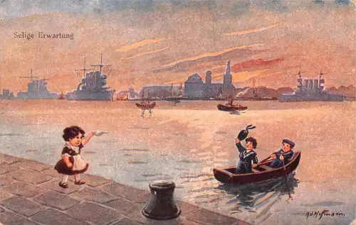 Kinder Mädchen verabschiedet sich von Matrosen auf Boot Kunst von Ad Hofmann Postkarte