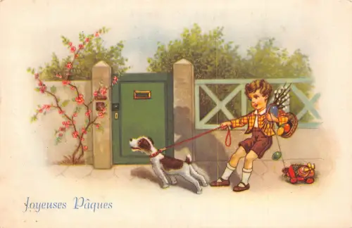 Ostergrüße Hund schleppt kleiner Junge Eier Tasche Wagen Muschi Weide Postkarte