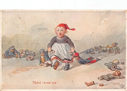 Junge Michel räumt auf Soldat Spielzeug Kanonen Drittes Reich Farben Kleidung Postkarte